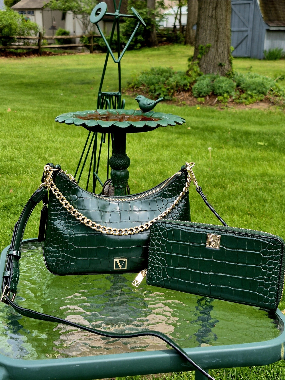 Victoria's Secret Dark Green Croc-Embossed Shoulder Bag & Wallet Set